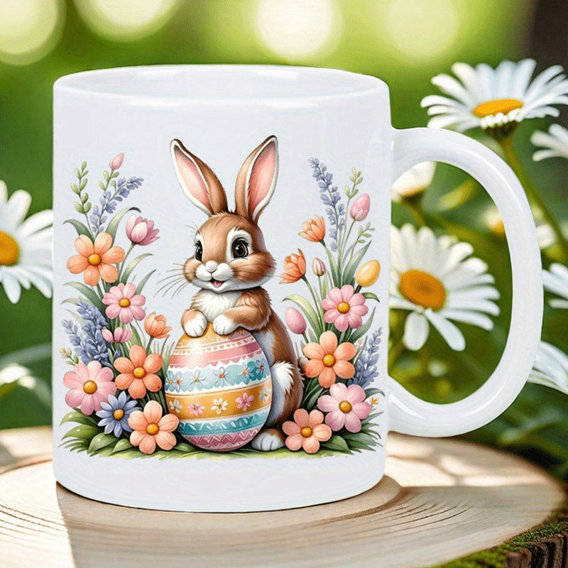 Tailorly White Ceramic 11 oz Mug - Adorable Brown Bunny Holding Decorated Easter Egg Among Colorful Spring Blooming Flowers Rabbit