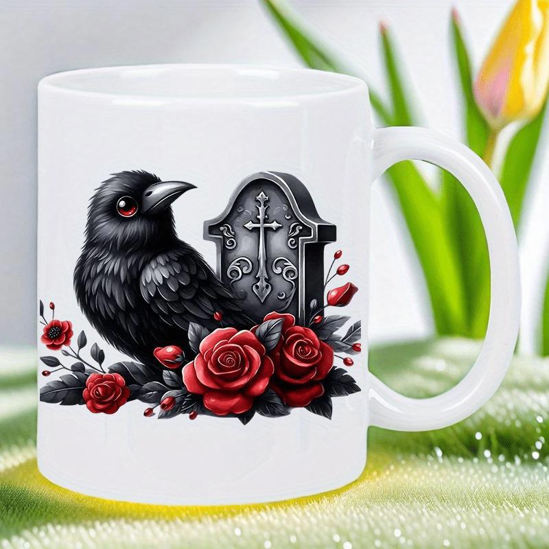 Tailorly White Ceramic 11 oz Mug - Dark Gothic Tombstone Surrounded By Vibrant Red Blooming Roses Crow