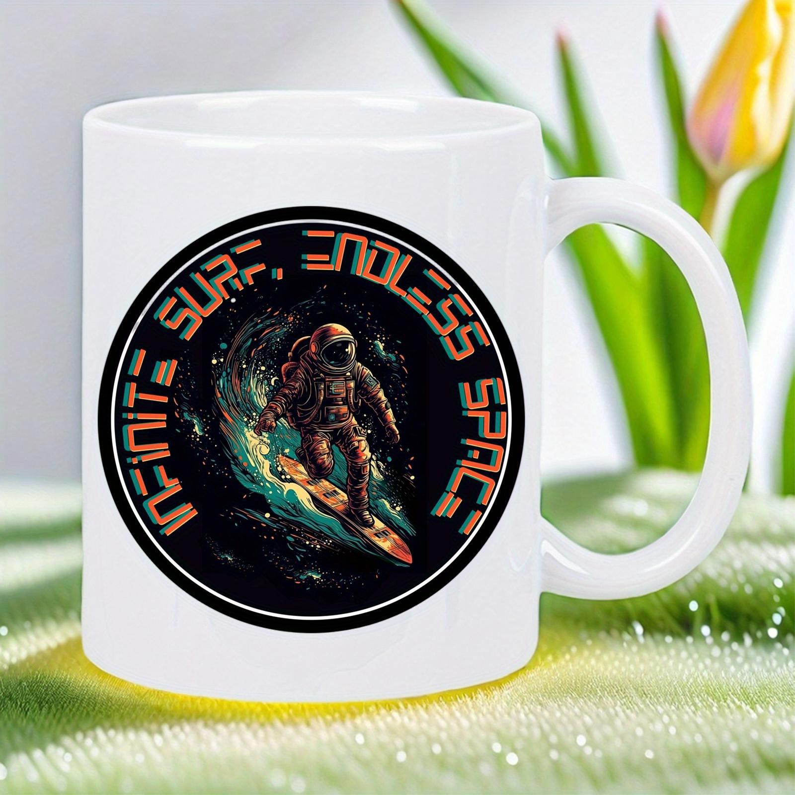 Tailorly White Ceramic 11 oz Mug - Infinite Surf Endless Space Retro Surfing Style Through Cosmic Waves Of Glowing Stardust Astronaut