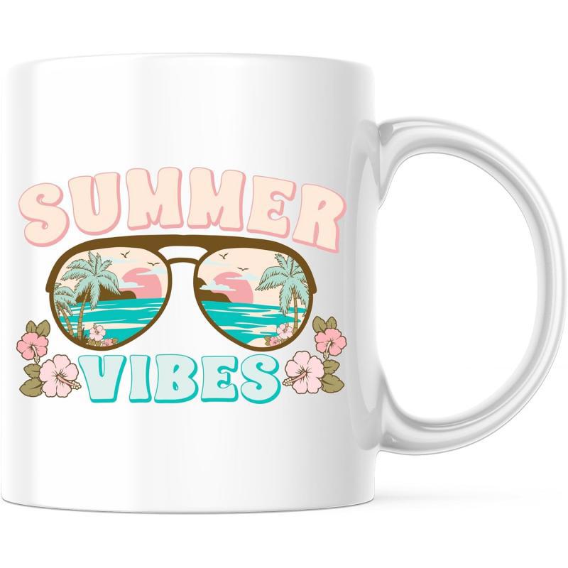 Tailorly White Ceramic 11 oz Mug - Summer Vibes Retro Style Aviator Frames Reflecting Peaceful Tropical Island With Palm Trees Sunglasses