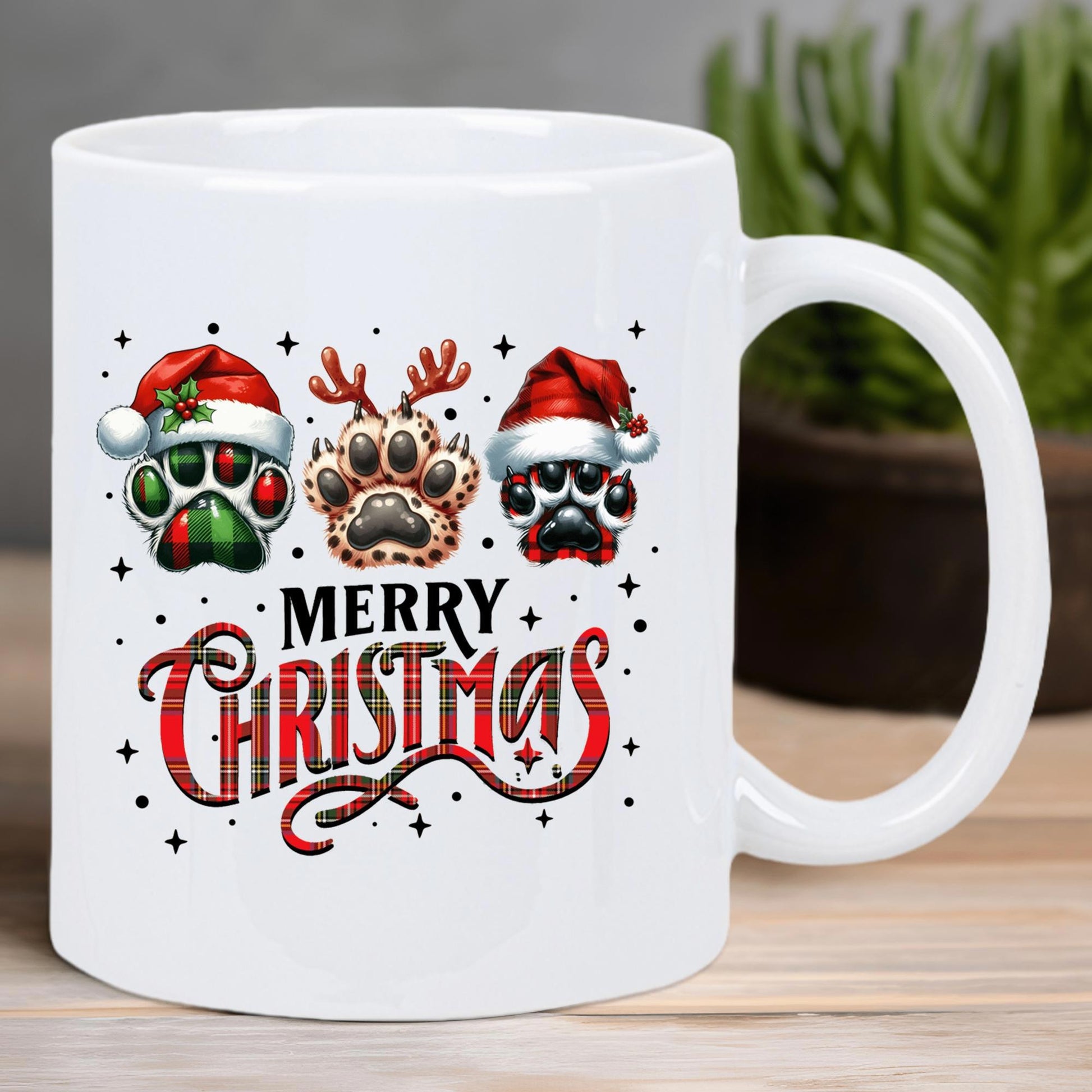 Tailorly White Ceramic 11 oz Mug - Merry Christmas Festive Animal Footprints Wearing Santa Hats And Reindeer Antlers Among Stars Paw