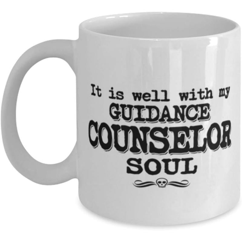 Tailorly White Ceramic 11 oz Mug - It Is Well With My Guidance Counselor Soul Vintage Typographic Design Featuring Decorative Scroll And Small Icon Centered On Mug