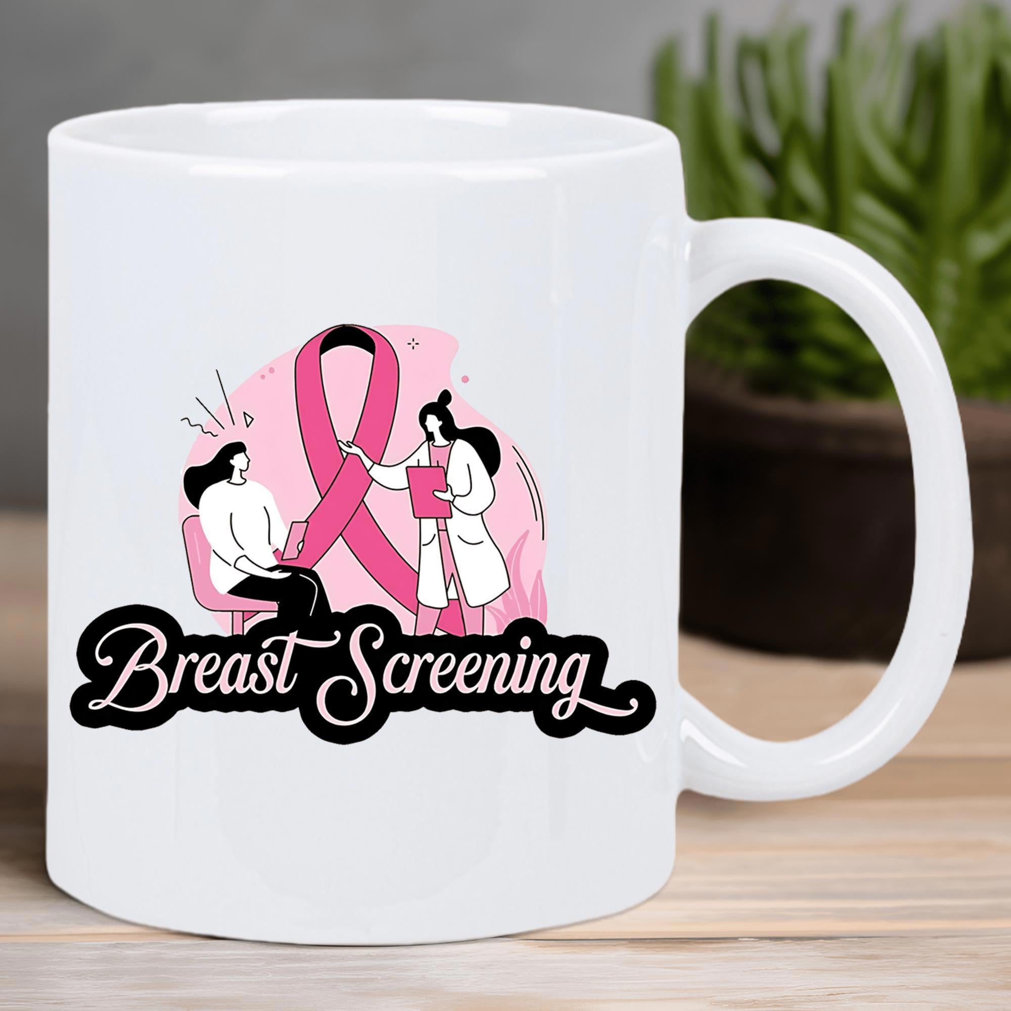 Tailorly White Ceramic 11 oz Mug - Breast Screening Graceful Pink Ribbon Beside Medical Professional And Patient Awareness Design Mug