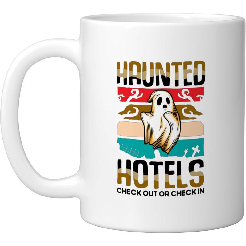 Tailorly White Ceramic 11 oz Mug - Haunted Hotels Check Out Or Check In Vintage Style Retro Sunset With Stripes Behind A Spooky Cute Ghost