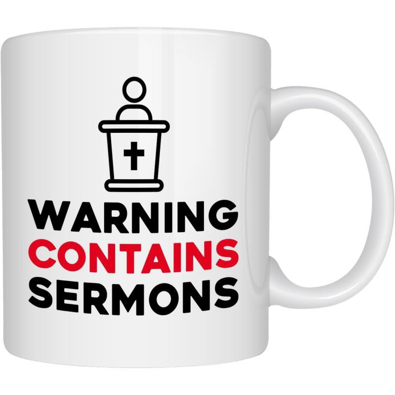 Tailorly White Ceramic 11 oz Mug - Warning Contains Sermons Minimalist Black Line Icon Standing Behind A Religious Cross Podium Pastor