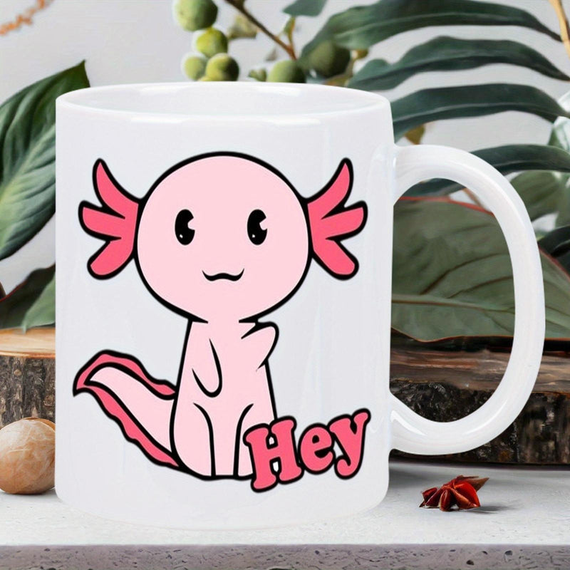 Tailorly White Ceramic 11 oz Mug - Hey Smiling Pink Cartoon Character With External Gills Sitting Happily Axolotl