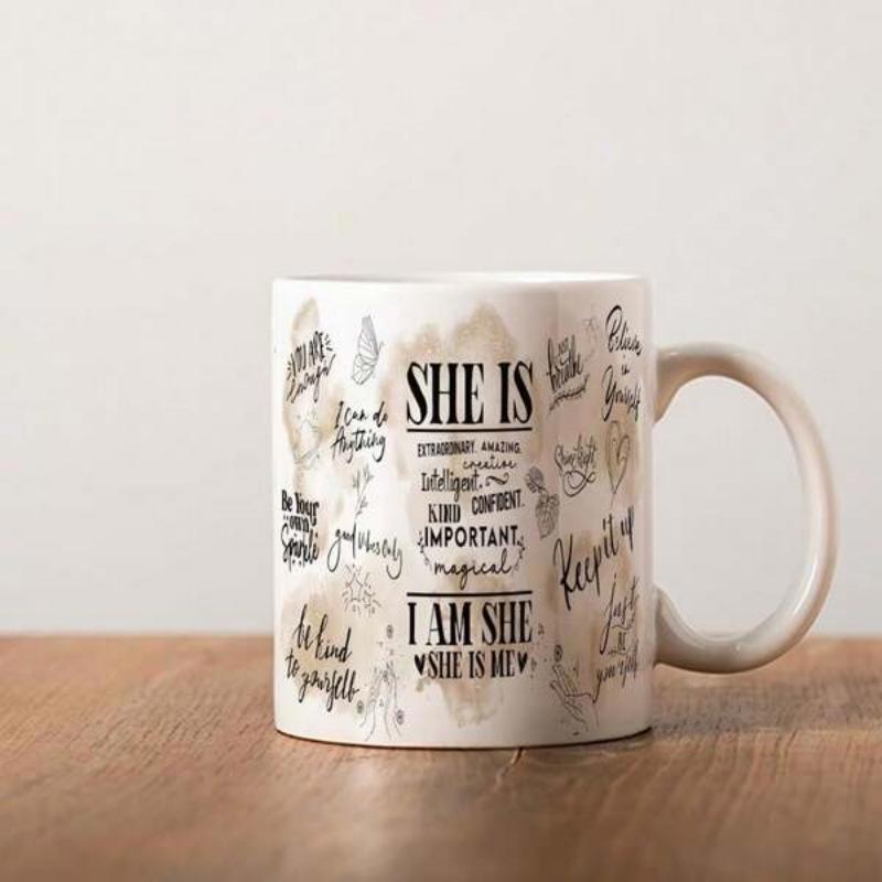 Tailorly White Ceramic 11 oz Mug - She Is Strong Brave Valued Kind Loved Important Magical I Am She She Is Me Inspirational Hand Lettered Quotes With Soft