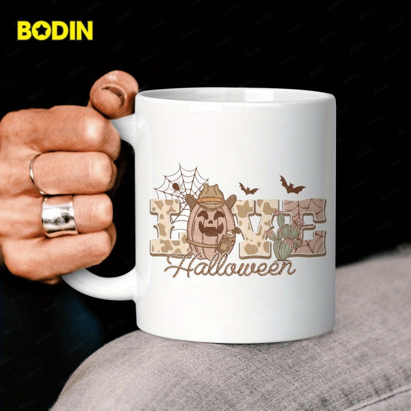 Tailorly White Ceramic 11 oz Mug - Love Halloween Festive Western Style Pattern With Cowboy Hat On A Pumpkin