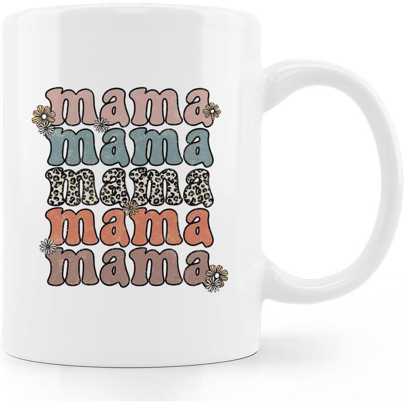 Tailorly White Ceramic 11 oz Mug - Mama Mama Mama Mama Mama Retro Groovy Text With Leopard Print And Dainty Flowers Art