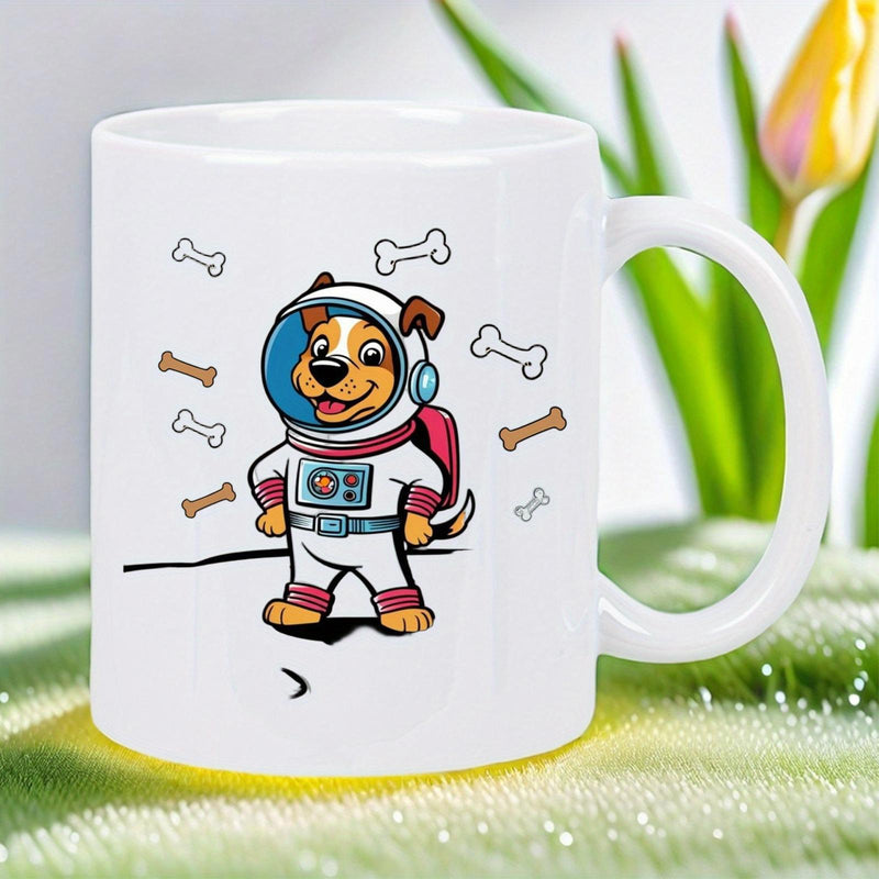 Tailorly White Ceramic 11 oz Mug - Adorable Space Explorer Wearing Astronaut Suit Standing Among Floating Treats Dog