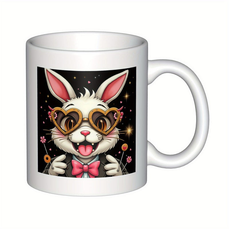 Tailorly White Ceramic 11 oz Mug - Adorable White Cartoon Rabbit Wearing Heart Shaped Glasses And Pink Bow Tie Rabbit