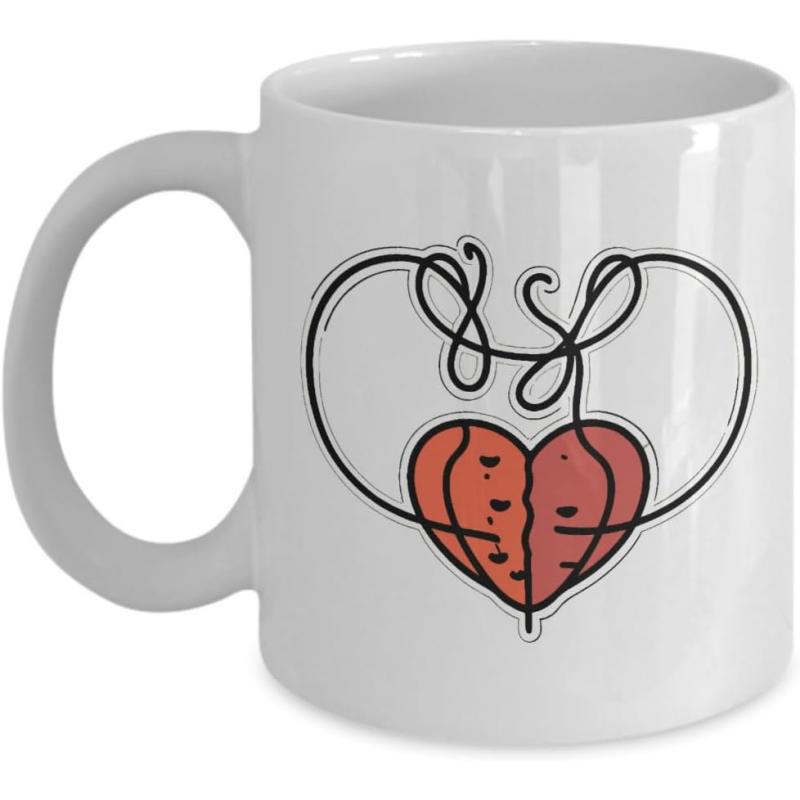 Tailorly White Ceramic 11 oz Mug - Minimalist Black Swirling Wire Entangled Around A Red Split Artistic Heart