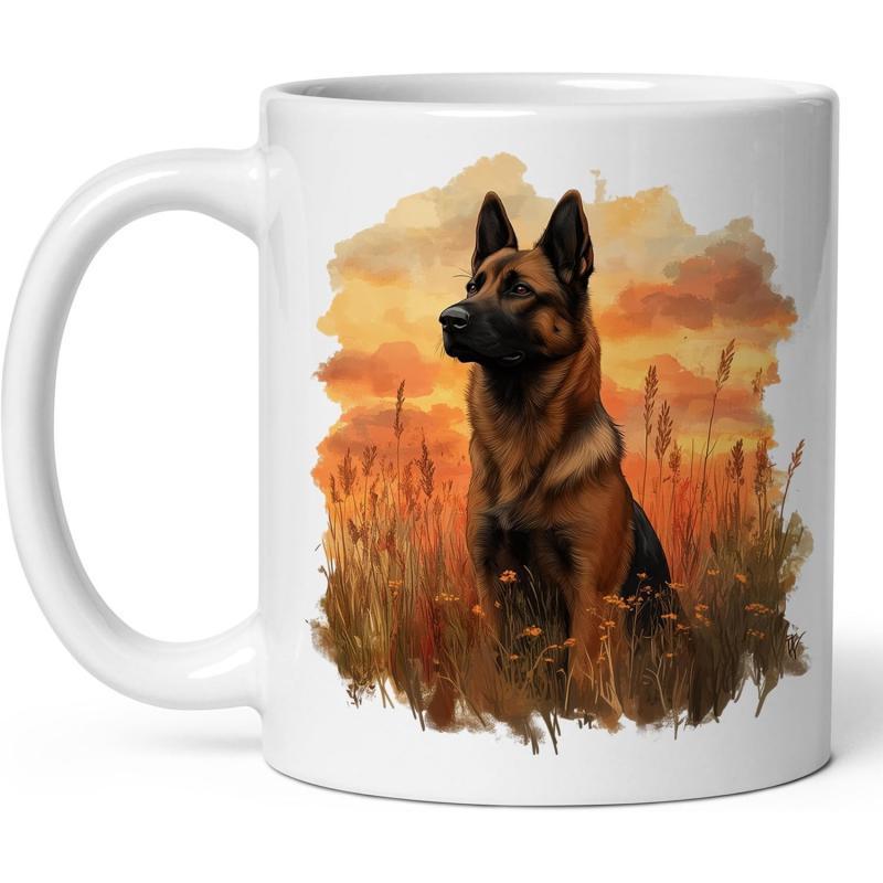 Tailorly White Ceramic 11 oz Mug - Majestic Sitting Among Golden Wheat Fields During Vibrant Sunset German Shepherd