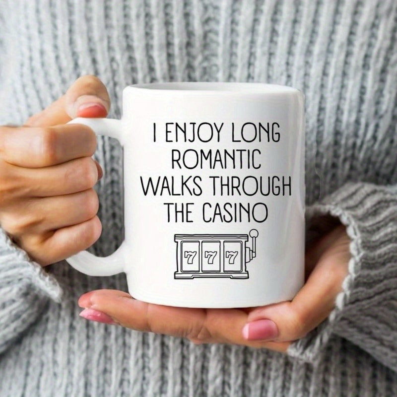 Tailorly White Ceramic 11 oz Mug - I Enjoy Long Romantic Walks Through The Casino Simple Black Line Slot Machine Drawing Featured On A White Surface Mug