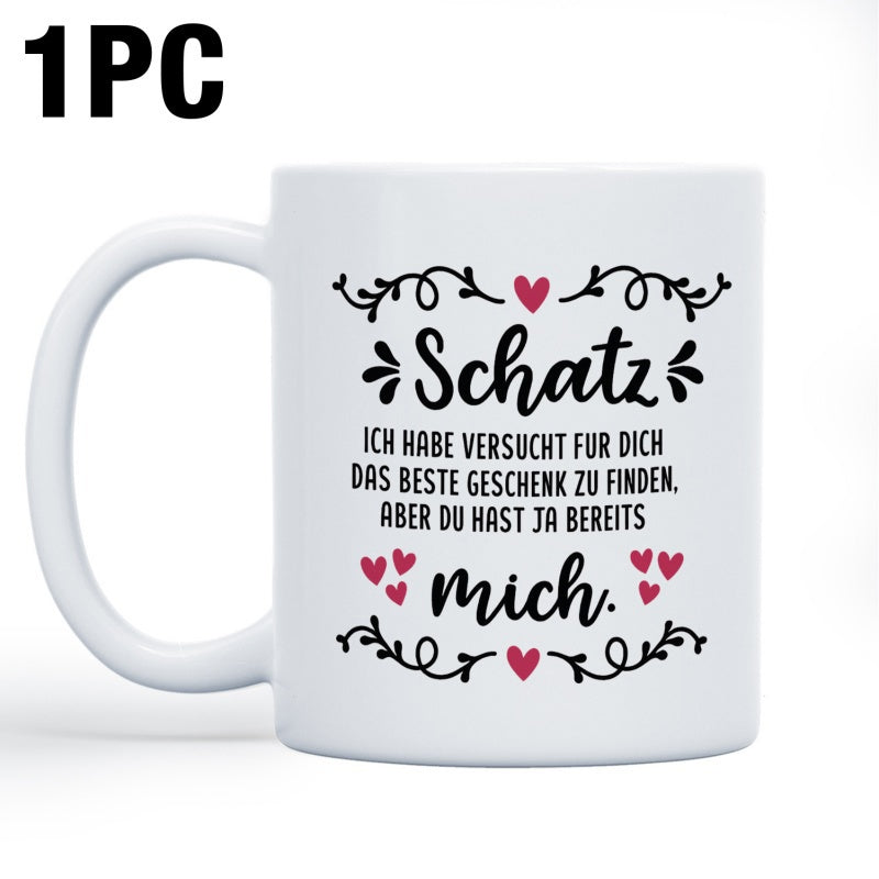 Tailorly White Ceramic 11 oz Mug - Minimalist White Ceramic Vessel Decorated With Red Hearts And Black Ornaments Mug