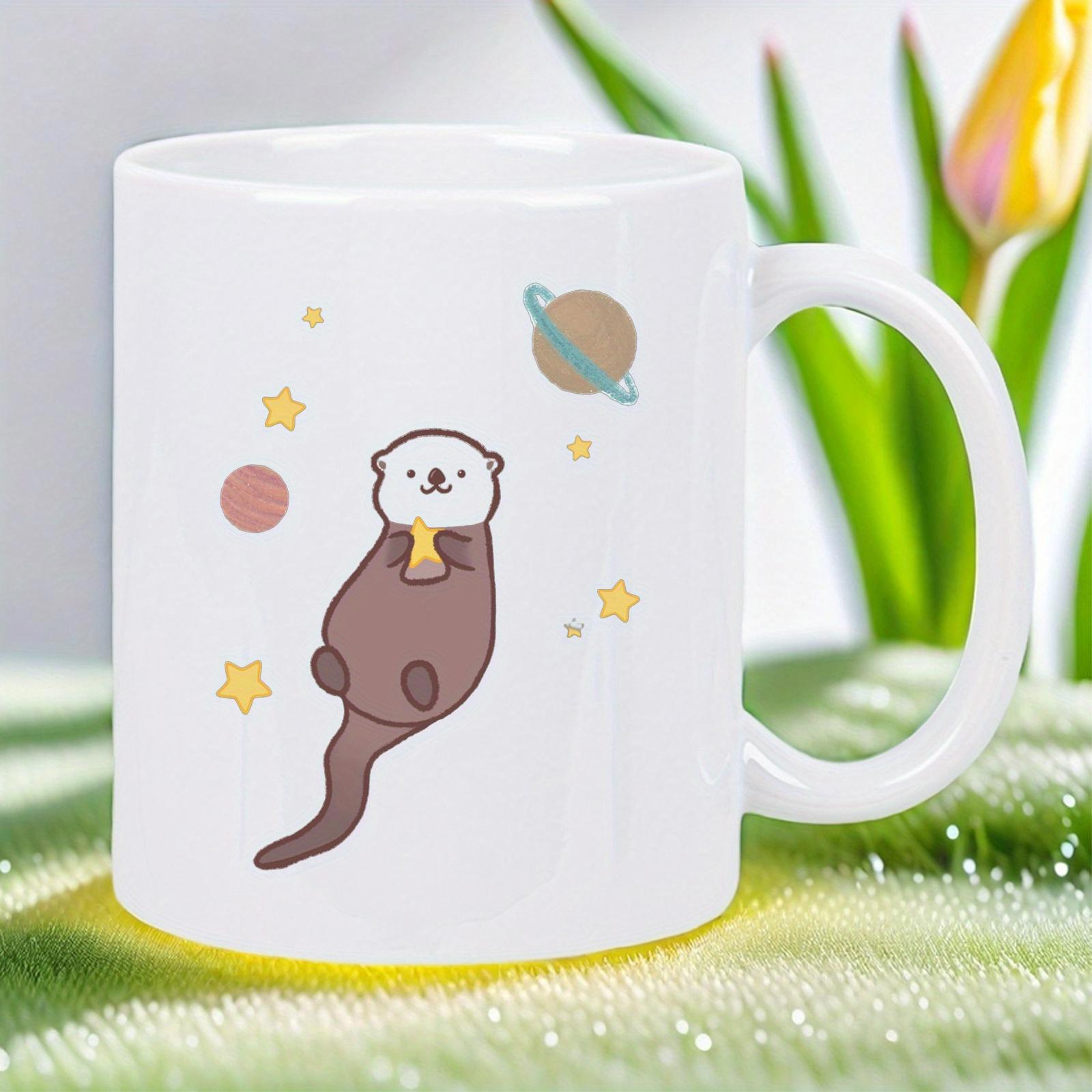 Tailorly White Ceramic 11 oz Mug - Cute Cartoon Character Floating Among Colorful Stars And Planets In Space Otter