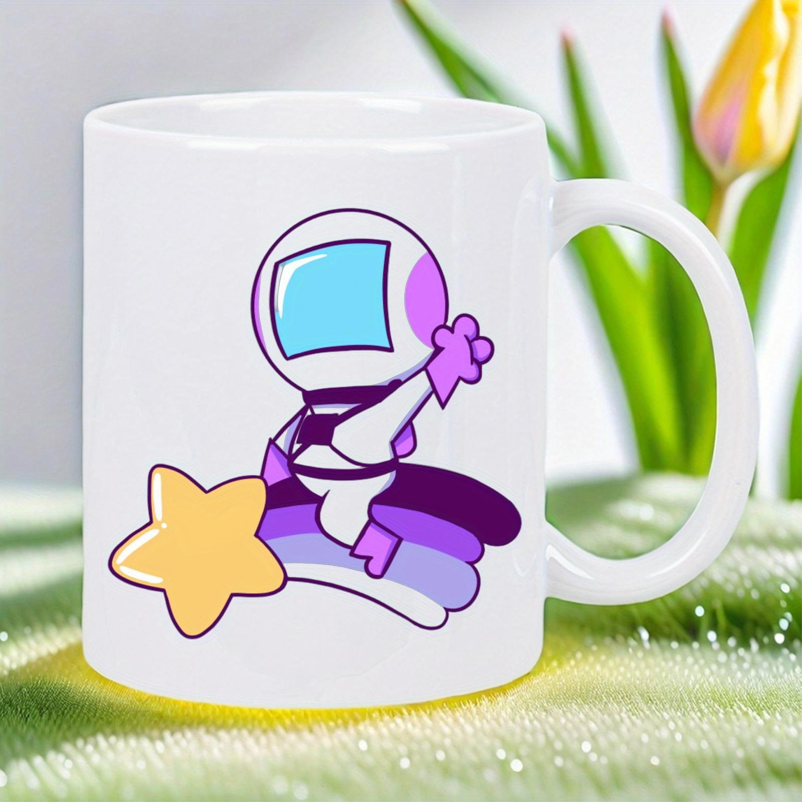 Tailorly White Ceramic 11 oz Mug - Cute Cartoon Character Sitting Upon A Purple Rainbow Trail Near A Golden Star Astronaut