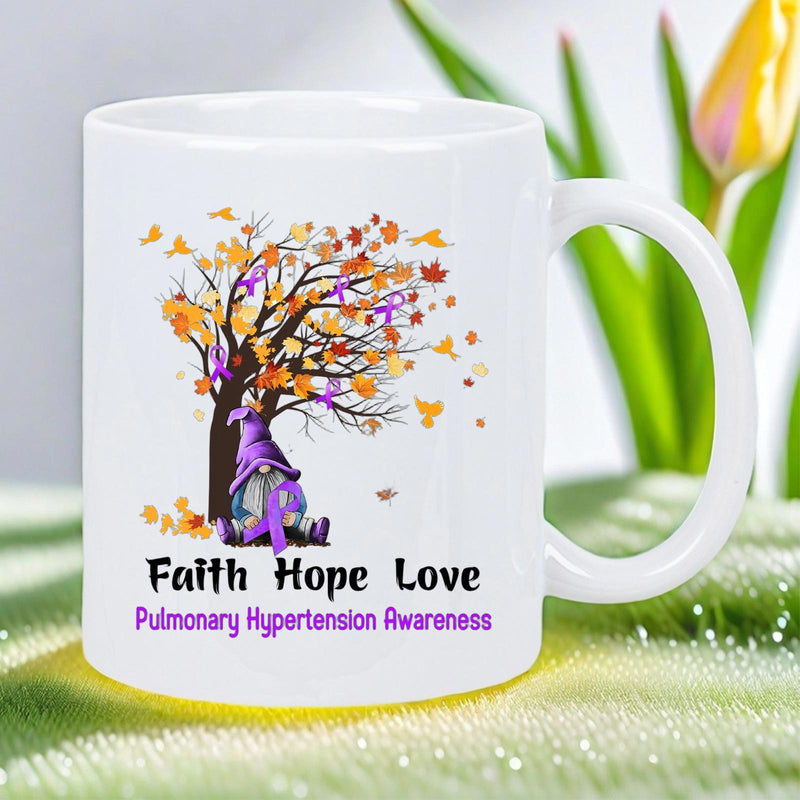 Tailorly White Ceramic 11 oz Mug - Faith Hope Love Pulmonary Hypertension Awareness Autumn Tree With Orange Leaves And Purple Ribbons Sheltering A Cute Small Gnome