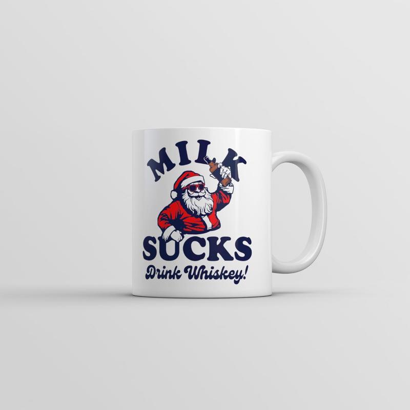 Tailorly White Ceramic 11 oz Mug - Milk Sucks Drink Whiskey Cool Rebellious Wearing Sunglasses Holding Small Glass Bottle Under Arched Text Santa