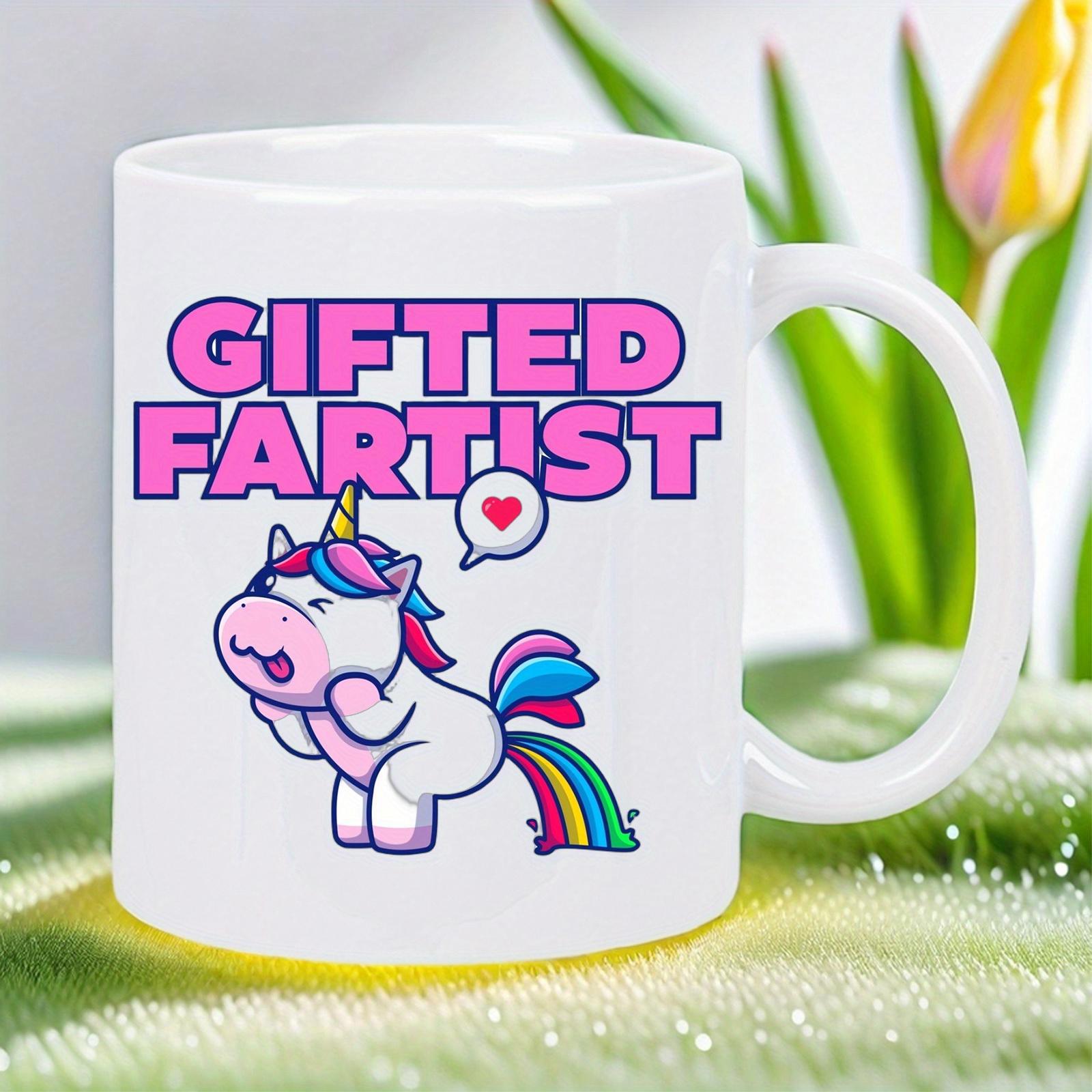 Tailorly White Ceramic 11 oz Mug - Gifted Fartist Playful Rainbow Farting Cartoon Character With A Small Heart Unicorn