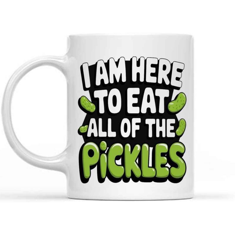 Tailorly White Ceramic 11 oz Mug - I Am Here To Eat All Of The Pickles Vibrant Green Garden Vegetables Scattered Across A Dark Textured Background Splash Pickle