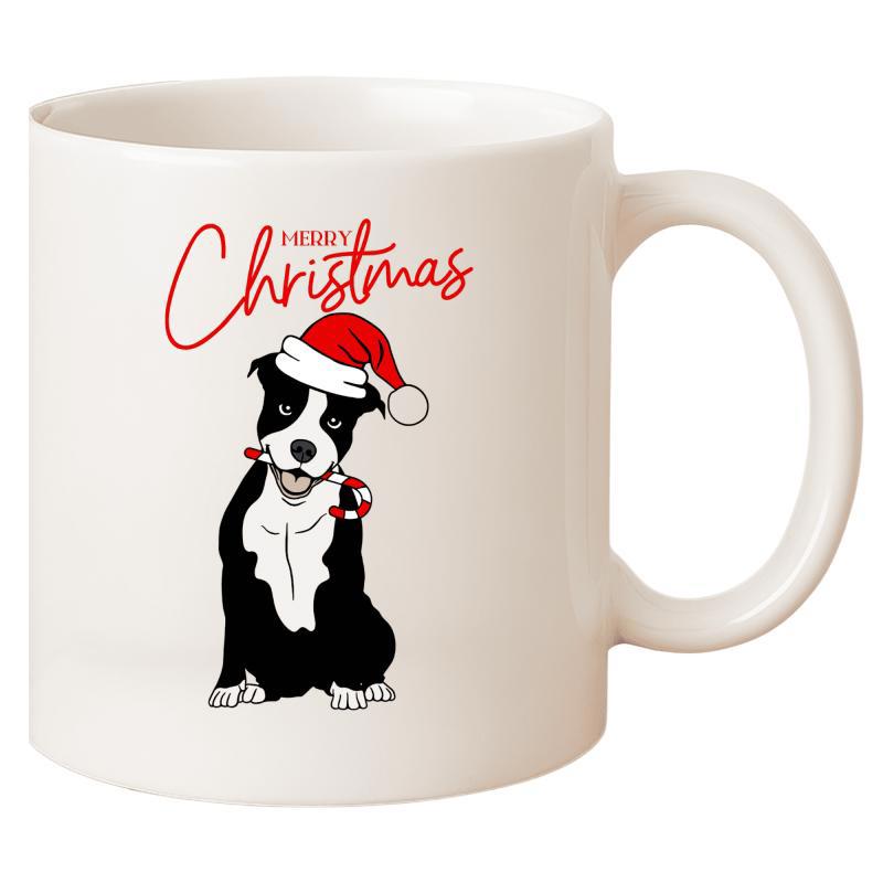 Tailorly White Ceramic 11 oz Mug - Merry Christmas Adorable Black And White Sitting Dog Wearing Festive Red Santa Hat Dog
