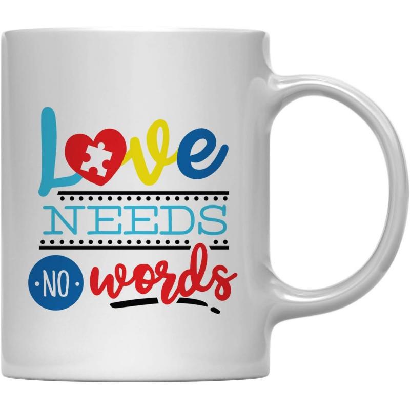 Tailorly White Ceramic 11 oz Mug - Love Needs No Words Vibrant Heart With Puzzle Piece Icon Among Colorful Artistic Typography Heart