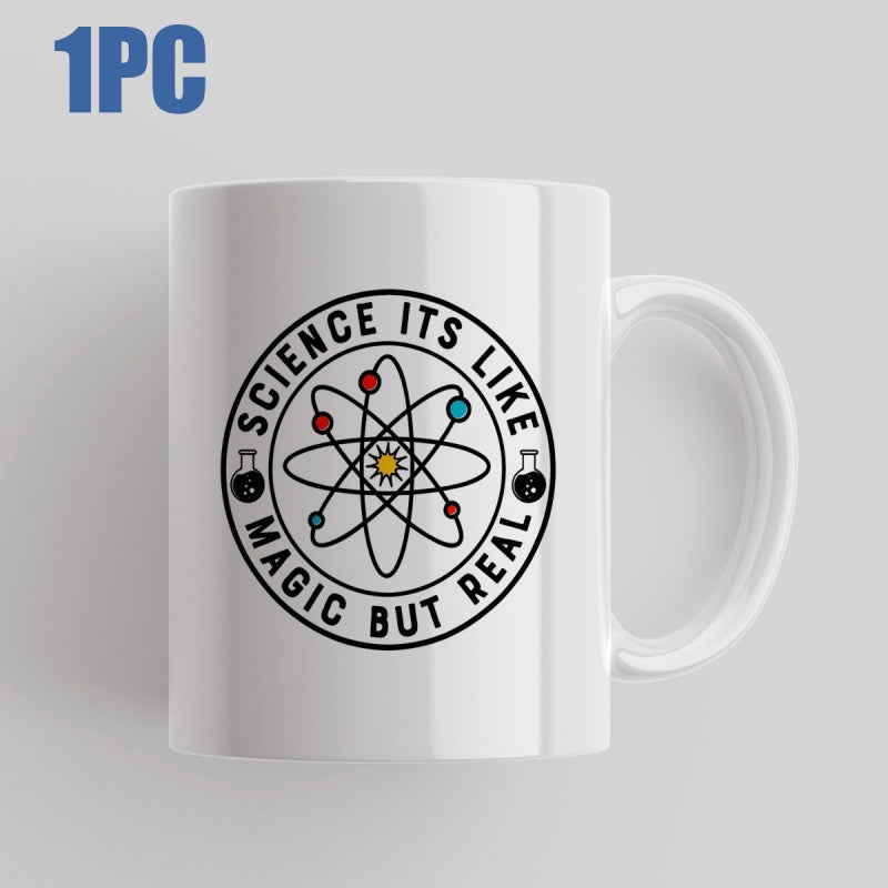 Tailorly White Ceramic 11 oz Mug - Science Its Like Magic But Real Circular Badge Featuring Atomic Structure With Colored Orbital Particles Mug
