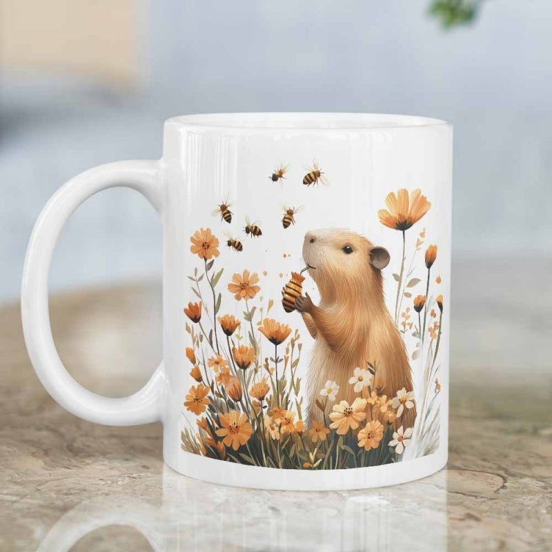 Tailorly White Ceramic 11 oz Mug - Gentle Animal Holding Honey Wand Within A Garden Of Golden Flowers Capybara
