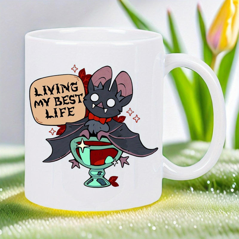 Tailorly White Ceramic 11 oz Mug - Living My Best Life Tiny Cartoon Vampire Bat Resting Gracefully On A Decorative Ornate Chalice Bat