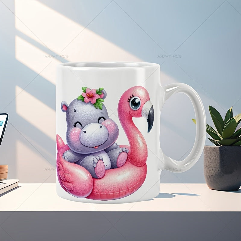 Tailorly White Ceramic 11 oz Mug - Cute Small Hippo Wearing Pink Flower Sitting Inside Inflatable Flamingo Float Hippo