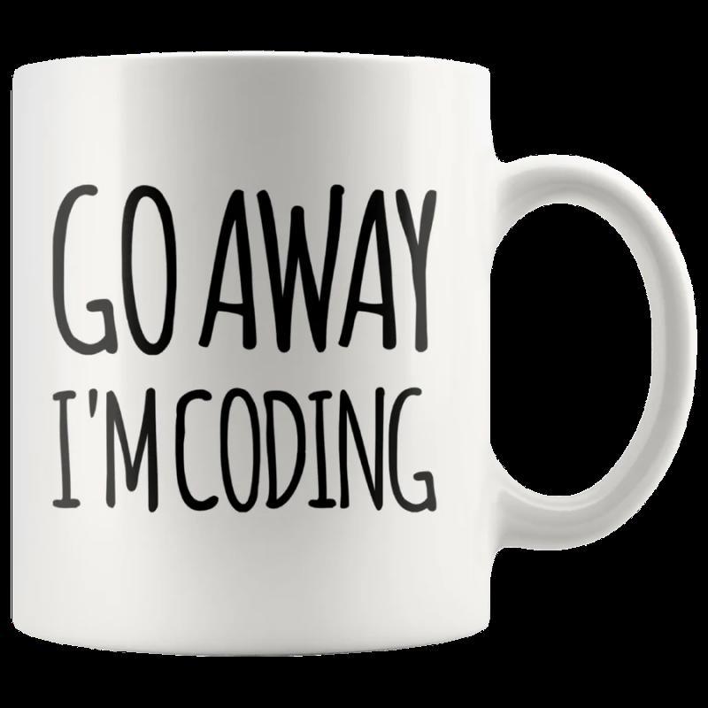 Tailorly White Ceramic 11 oz Mug - Go Away Im Coding Minimalist Tall Black Handwritten Letters On White Ceramic Cylinder Mug