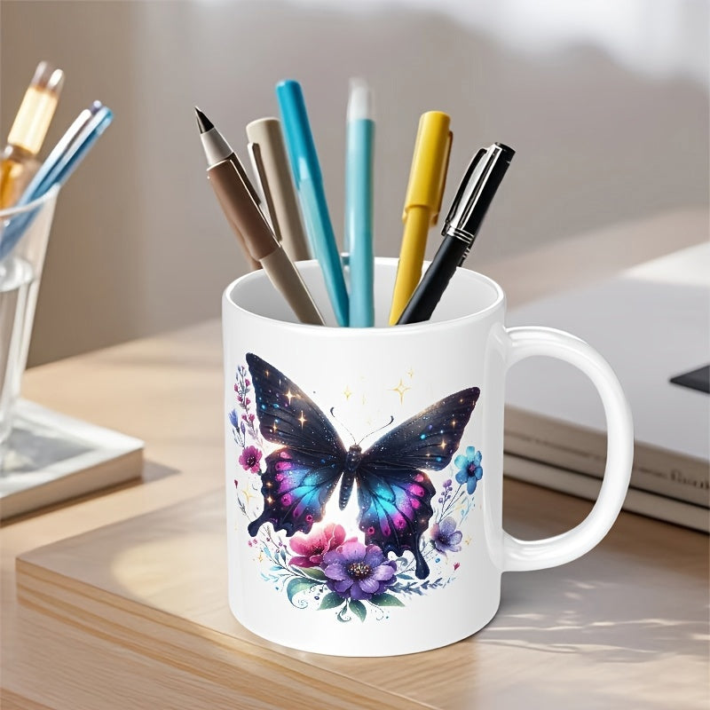 Tailorly White Ceramic 11 oz Mug - Vibrant Galaxy Wings Resting Gently Among Soft Watercolor Blooming Floral Petals Butterfly