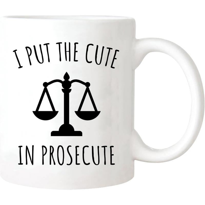 Tailorly White Ceramic 11 oz Mug - I Put The Cute In Prosecute Minimalist Black Symmetrical Scale Of Justice Icon Symbol On Clean Surface Scale