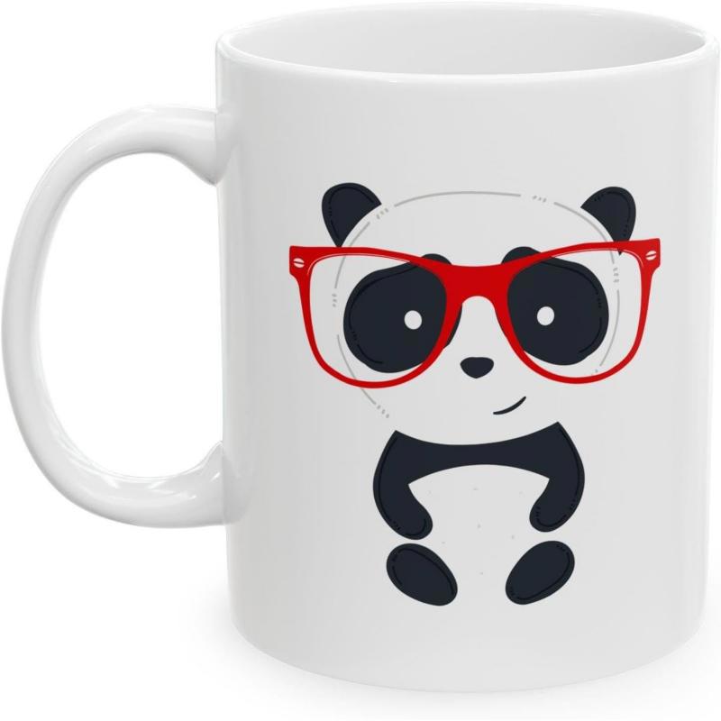 Tailorly White Ceramic 11 oz Mug - Cute Sitting Cartoon Animal Wearing Bold Stylish Red Framed Spectacles Panda