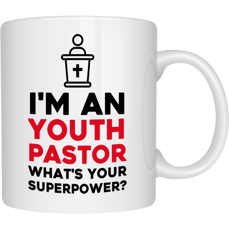 Tailorly White Ceramic 11 oz Mug - Im An Youth Pastor Whats Your Superpower Minimalist Clergy Icon Behind A Sacred Pulpit Featuring Cross Pastor