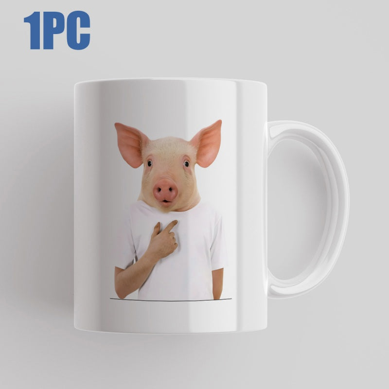 Tailorly White Ceramic 11 oz Mug - Realistic Pink Pig Head Wearing White T Shirt Pointing At Chest Pig