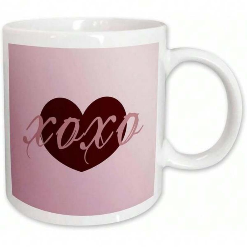 Tailorly White Ceramic 11 oz Mug - Xoxo Elegant Script Overlapping A Deep Red Heart On Pink Background Heart