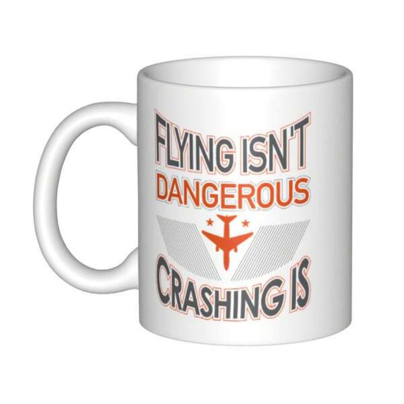 Tailorly White Ceramic 11 oz Mug - Flying Isn't Dangerous Crashing Is Minimalist Orange Aircraft Icon Floating Between Symmetric Grey Geometric Wing Shapes