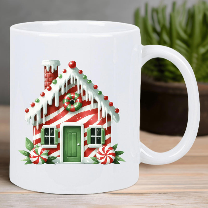 Tailorly White Ceramic 11 oz Mug - Festive Red And White Striped Candy Cottage With Snowy Roof House