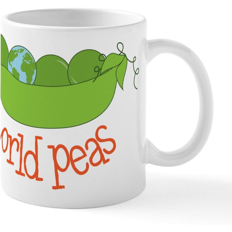 Tailorly White Ceramic 11 oz Mug - World Peas Organic Green Pod Featuring Earth Globe Among Decorative Curling Vine Pea
