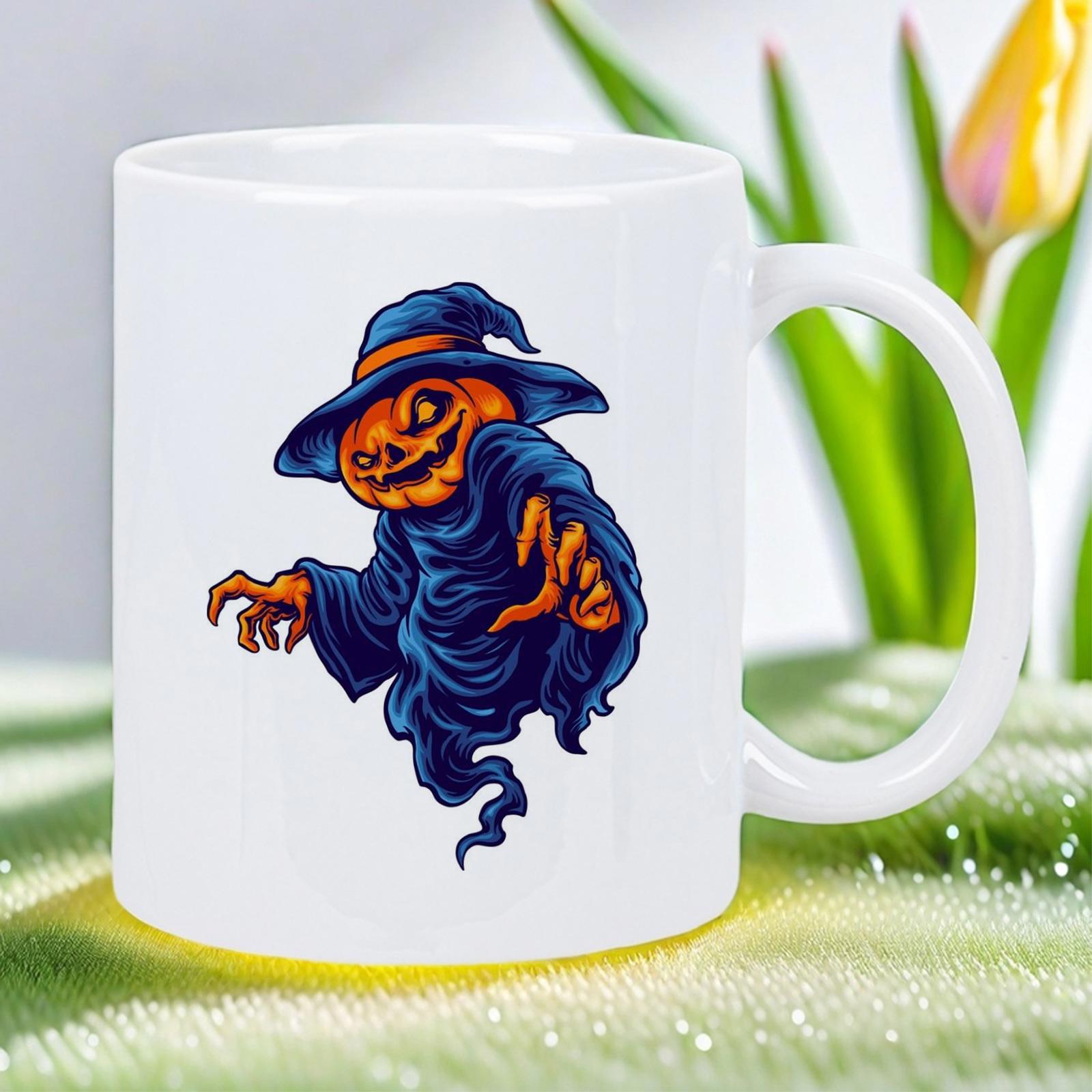 Tailorly White Ceramic 11 oz Mug - Spooky Haunted Pumpkin Wearing Blue Witch Hat And Flowing Cloak Reaching Ghost