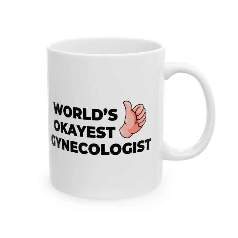 Tailorly White Ceramic 11 oz Mug - Worlds Okayest Gynecologist Simple Minimalist Illustration Featuring A Positive Thumbs Up Hand