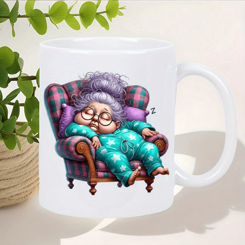 Tailorly White Ceramic 11 oz Mug - Cozy Elderly Lady Napping In A Plaid Armchair Wearing Star Patterned Pajamas Grandmother