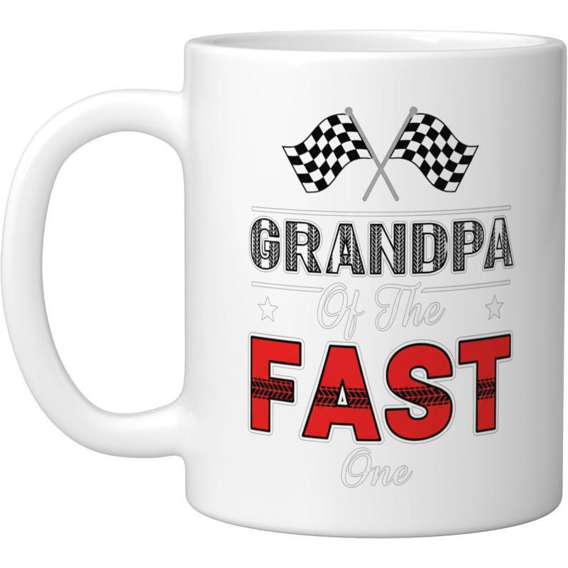 Tailorly White Ceramic 11 oz Mug - Grandpa Of The Fast One Symmetric Crossed Checkered Racing Flags With Bold Textured Red Plaid Typography Flag