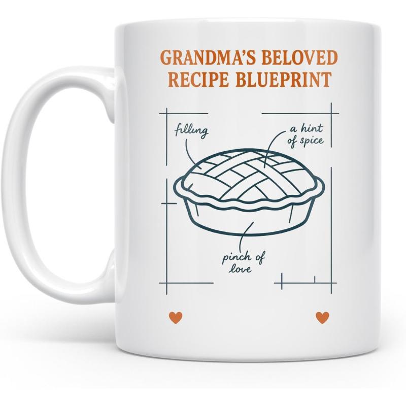 Tailorly White Ceramic 11 oz Mug - Grandmas Beloved Recipe Blueprint Filling A Hint Of Spice Pinch Of Love Vintage Style Technical Drawing With Arrows And Artistic