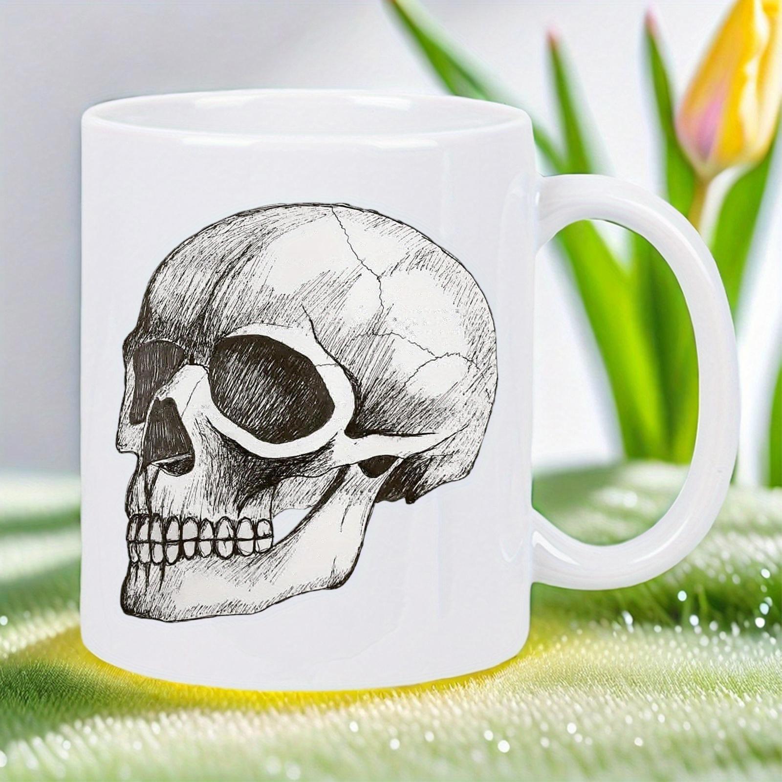 Tailorly White Ceramic 11 oz Mug - Hand Drawn Black Ink Anatomical Sketch Representing A Realistic Human Skull