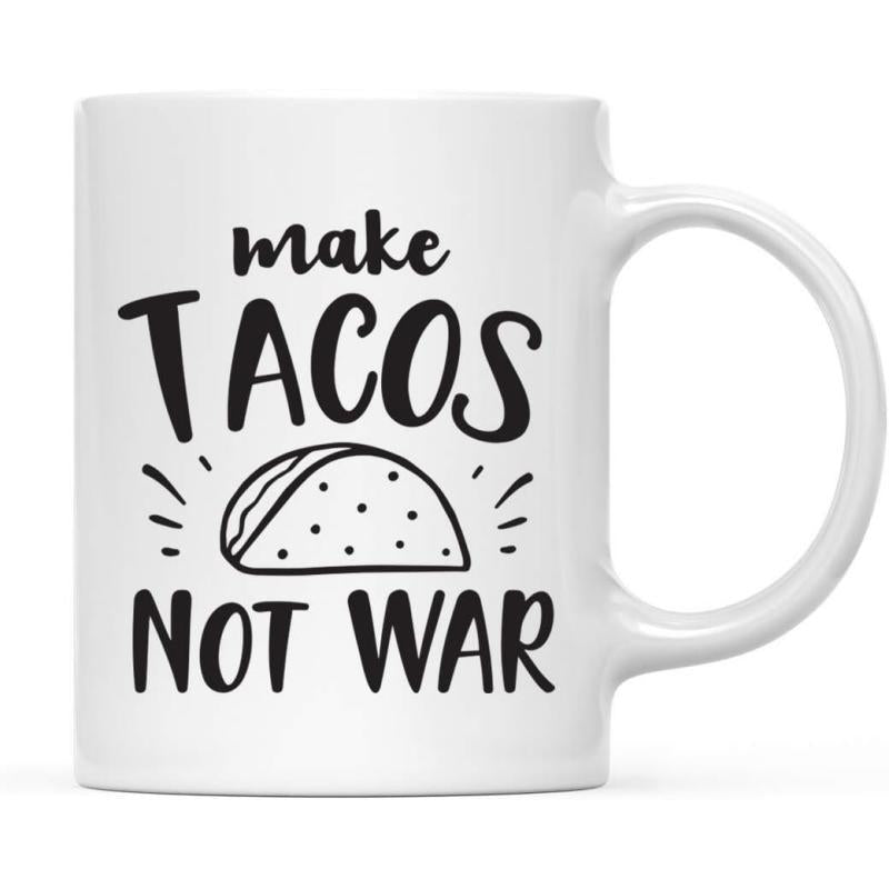 Tailorly White Ceramic 11 oz Mug - Make Tacos Not War Simple Hand Drawn Mexican Food Sketch With Decorative Radiating Lines Taco