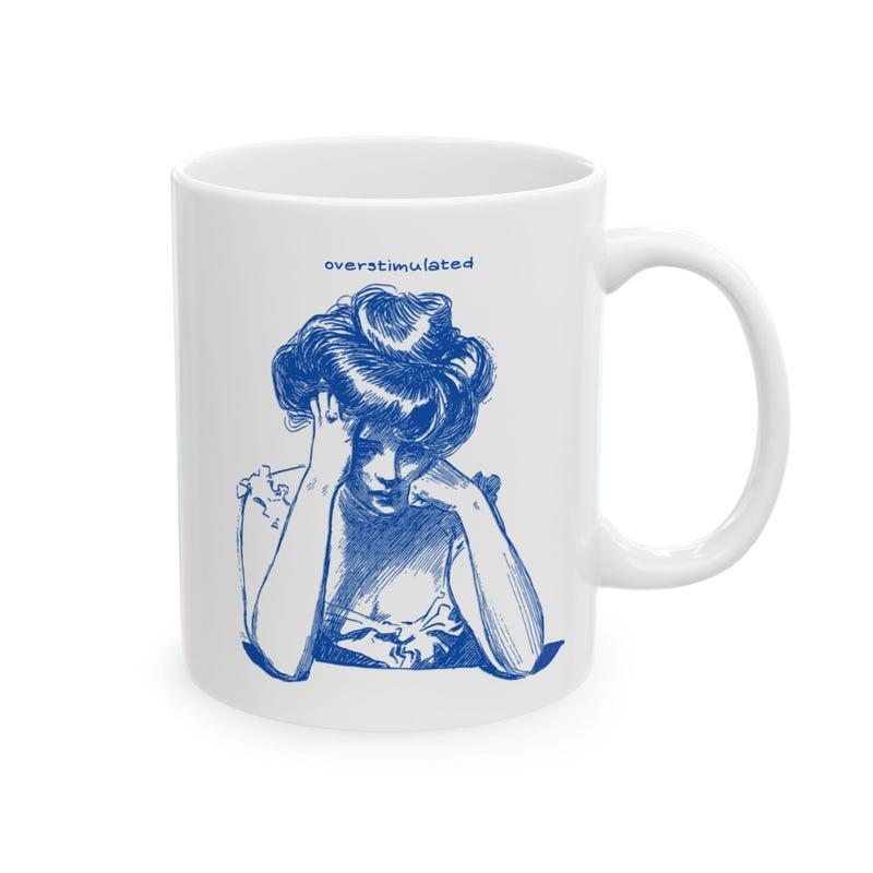 Tailorly White Ceramic 11 oz Mug - Everything Is Fine Vintage Lady In Blue Sketch Resting Chin On Her Hand Woman