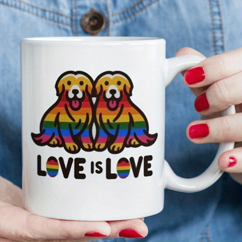 Tailorly White Ceramic 11 oz Mug - Love Is Love Two Cute Sitting Dogs With Vibrant Rainbow Stripes And Friendly Faces Dog